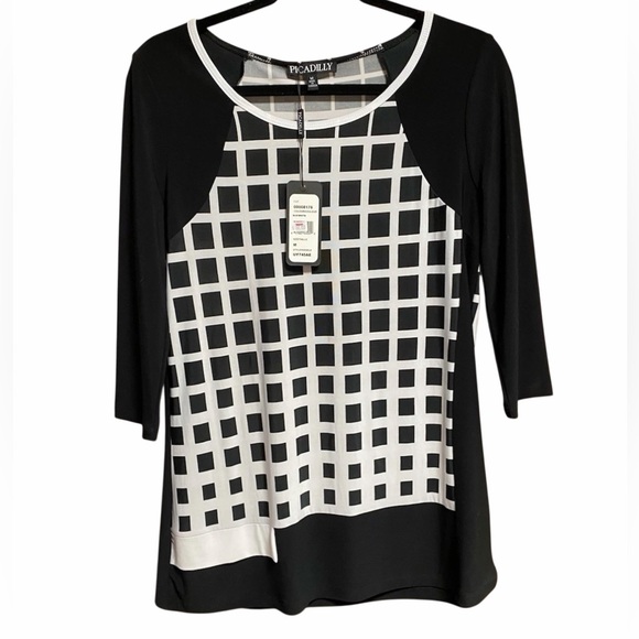Picadilly Black And White Pullover Blouse Top 3/4 Sleeve Stretchy - SZ M - NWT - Picture 7 of 8
